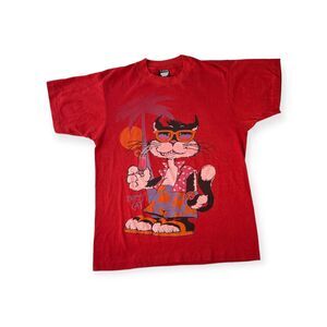 Vintage 80s Red T-shirt with Party Cat Graphic